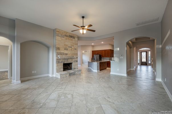 Fireplace, Interior, Kitchen, Recessed Lighting, Stone Walls