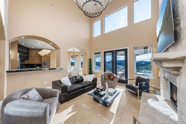 Chandelier, Fireplace, Interior, Kitchen, Living room, Recessed Lighting