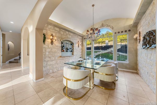 Chandelier, Dining room, Interior, Recessed Lighting, Stone Walls