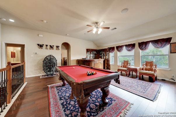 Billiard Table, Game Room, Interior, Recessed Lighting, Wood Texture Flooring