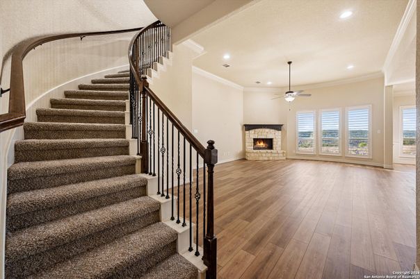 Fireplace, Interior, Recessed Lighting, Wood Texture Flooring