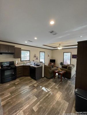 Interior, Kitchen, Living room, Recessed Lighting, Wood Texture Flooring