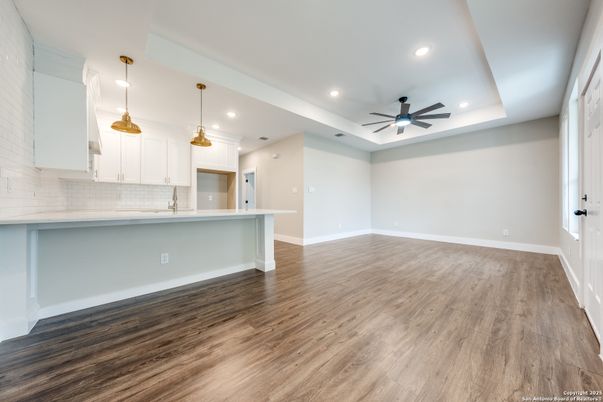 Interior, Kitchen, Pendant Lights, Recessed Lighting, Wood Texture Flooring