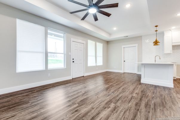 Empty room, Interior, Kitchen, Pendant Lights, Recessed Lighting, Wood Texture Flooring