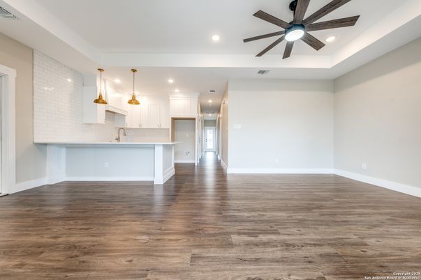 Empty room, Interior, Kitchen, Pendant Lights, Recessed Lighting, Wood Texture Flooring