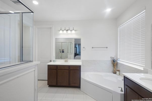 Bathroom, Dual Sink Vanities, Glass Shower, Interior, Marble, Recessed Lighting