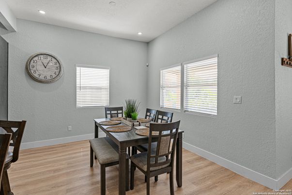 Dining room, Interior, Recessed Lighting, Wood Texture Flooring
