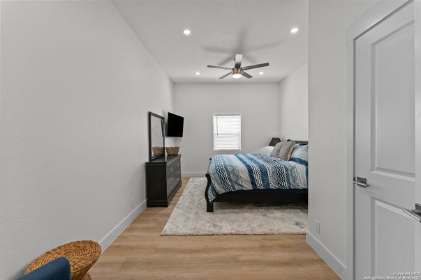 Bedroom, Interior, Recessed Lighting, Wood Texture Flooring