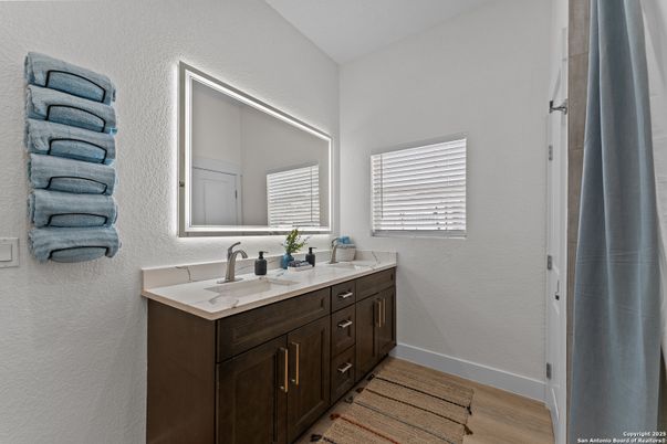 Bathroom, Dual Sink Vanities, Interior, Wood Texture Flooring