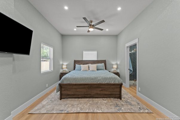 Bedroom, Interior, Recessed Lighting, Wood Texture Flooring