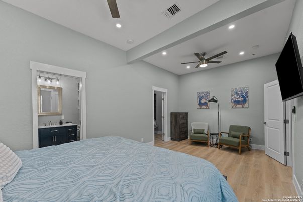 Bedroom, Interior, Recessed Lighting, Wood Texture Flooring