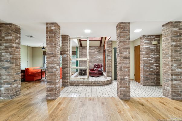 Interior, Recessed Lighting, Stone Walls, Wood Texture Flooring