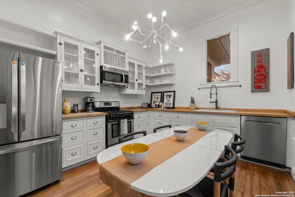 Interior, Kitchen, Pendant Lights, Stainless Steel Appliances, Wood Texture Flooring