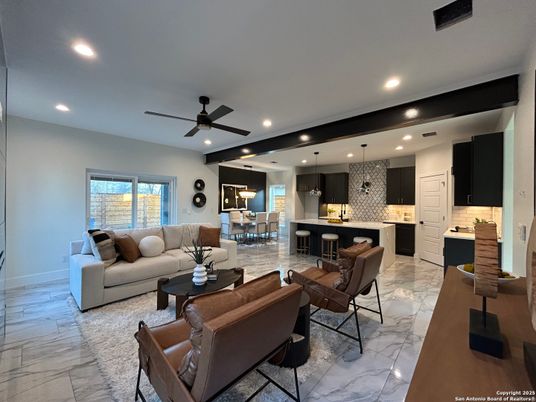 Dining room, Interior, Kitchen, Living room, Marble, Pendant Lights, Recessed Lighting