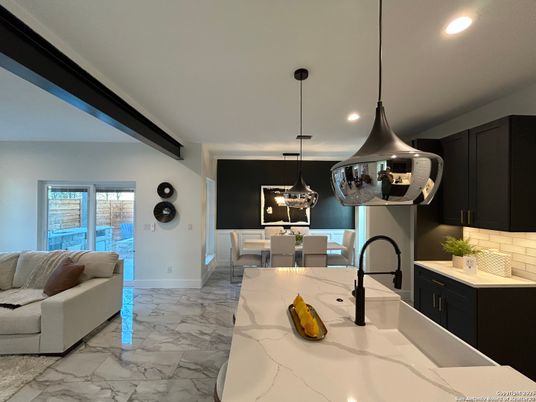 Dining room, Interior, Kitchen, Living room, Marble, Pendant Lights, Recessed Lighting
