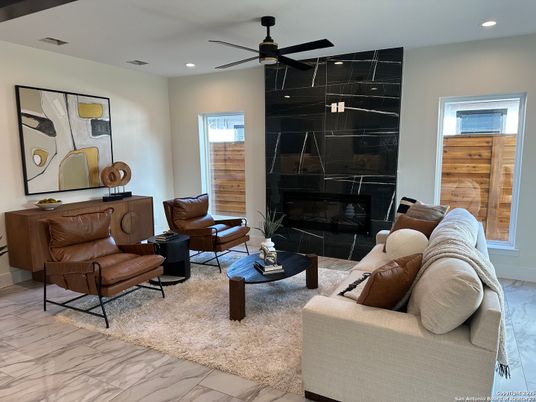 Fireplace, Interior, Living room, Marble, Recessed Lighting