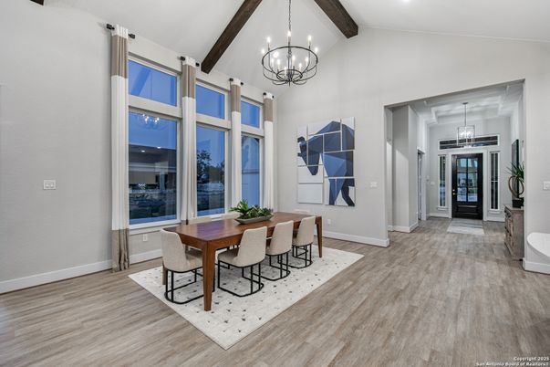 Chandelier, Dining room, Interior, Wooden Beams, Wood Texture Flooring