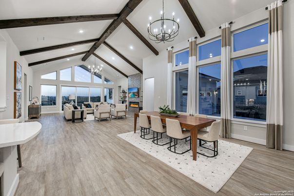 Chandelier, Dining room, Fireplace, Interior, Living room, Recessed Lighting, Wooden Beams, Wood Texture Flooring