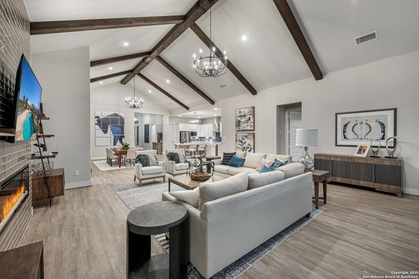 Chandelier, Dining room, Fireplace, Interior, Living room, Recessed Lighting, Wooden Beams, Wood Texture Flooring