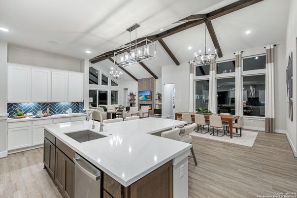 Chandelier, Dining room, Interior, Kitchen, Pendant Lights, Recessed Lighting, Wooden Beams, Wood Texture Flooring