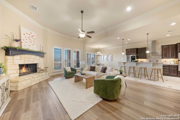 Chandelier, Dining room, Fireplace, Interior, Kitchen, Living room, Pendant Lights, Recessed Lighting, Wood Texture Flooring