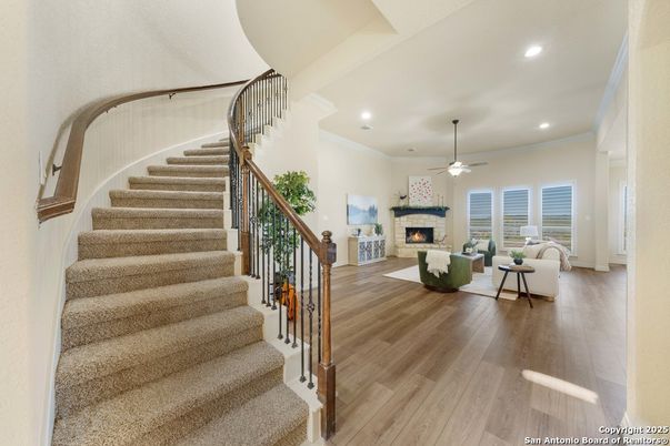 Fireplace, Interior, Living room, Recessed Lighting, Wood Texture Flooring
