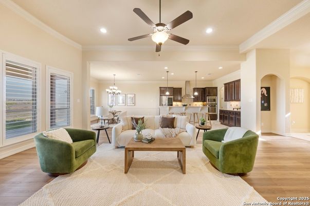 Chandelier, Dining room, Interior, Kitchen, Living room, Pendant Lights, Recessed Lighting, Wood Texture Flooring