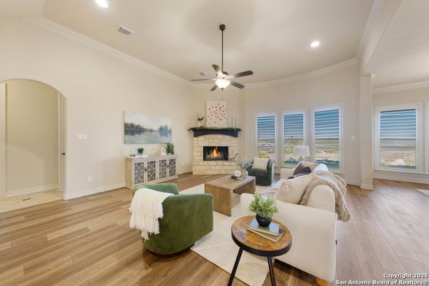 Fireplace, Interior, Living room, Recessed Lighting, Wood Texture Flooring