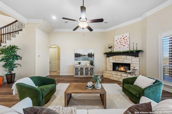 Fireplace, Interior, Living room, Recessed Lighting, Wood Texture Flooring