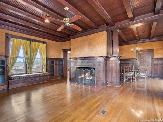 Dining room, Fireplace, Interior, Wooden Beams, Wooden Ceilings, Wood Texture Flooring