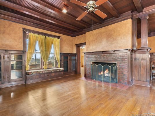 Empty room, Fireplace, Interior, Wooden Beams, Wooden Ceilings, Wood Texture Flooring