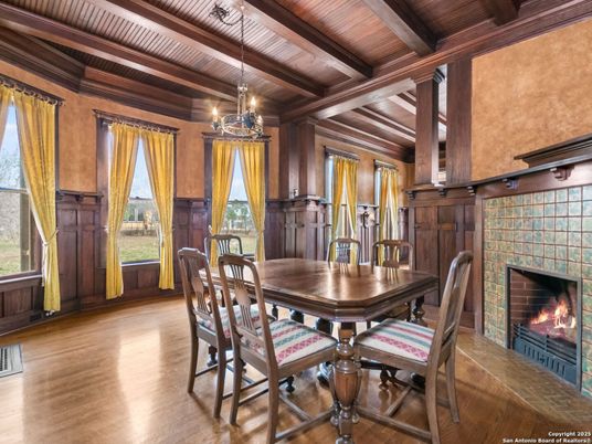 Dining room, Fireplace, Interior, Pendant Lights, Wooden Beams, Wooden Ceilings, Wood Texture Flooring, Wooden Walls