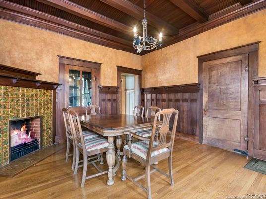 Chandelier, Dining room, Fireplace, Interior, Wooden Beams, Wooden Ceilings, Wood Texture Flooring
