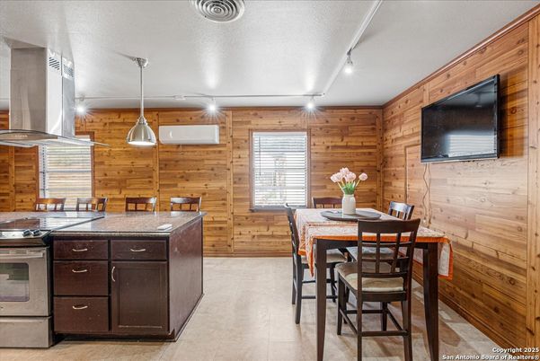 Dining room, Interior, Kitchen, Pendant Lights, Wooden Walls