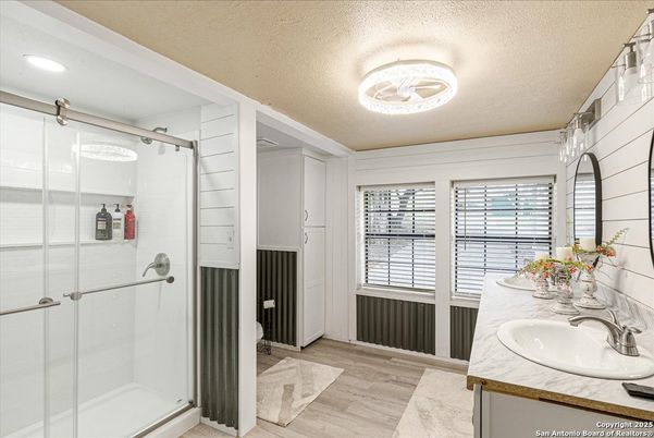 Bathroom, Glass Shower, Interior, Recessed Lighting, Wood Texture Flooring