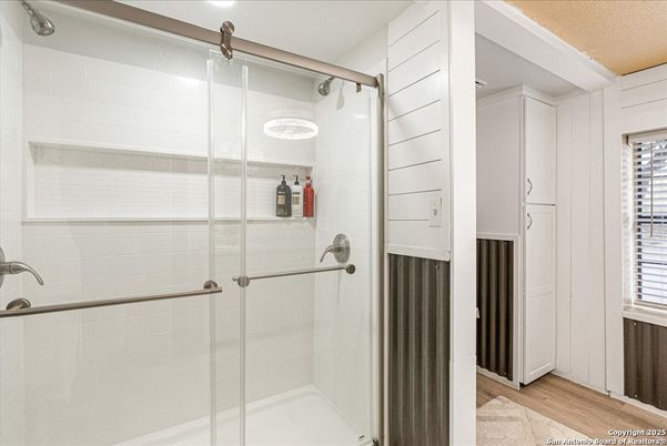 Bathroom, Glass Shower, Interior, Wood Texture Flooring