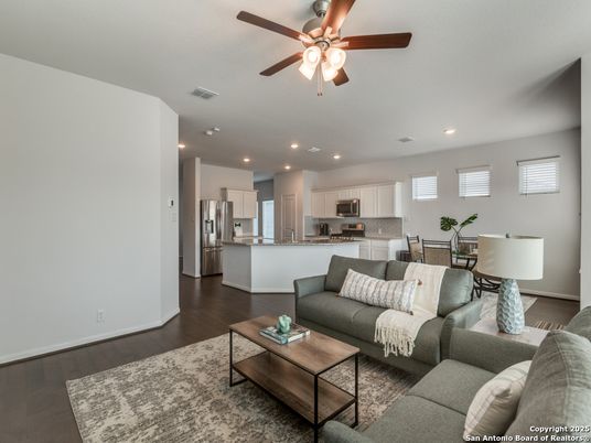 Dining room, Interior, Kitchen, Living room, Recessed Lighting, Stainless Steel Appliances, Wood Texture Flooring