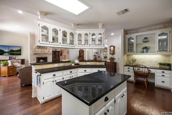 Fireplace, Interior, Kitchen, Living room, Recessed Lighting, Wood Texture Flooring
