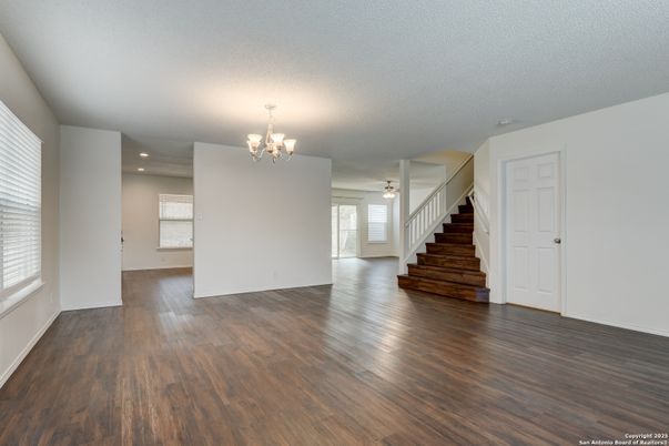Chandelier, Empty room, Interior, Recessed Lighting, Wood Texture Flooring