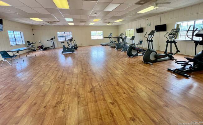 Fitness Equipment, Gym, Interior, Recessed Lighting, Wood Texture Flooring