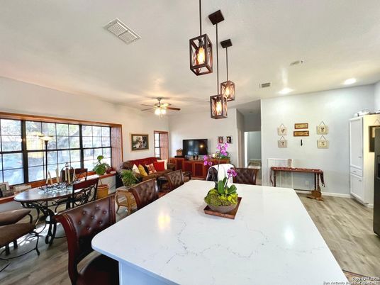Dining room, Interior, Living room, Pendant Lights, Recessed Lighting, Wood Texture Flooring