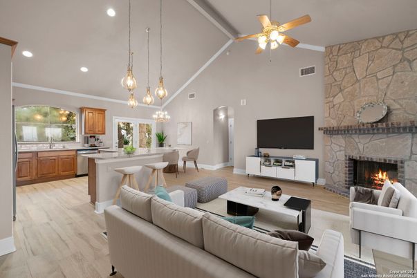 Dining room, Fireplace, Interior, Kitchen, Living room, Pendant Lights, Recessed Lighting, Stone Walls, Wood Texture Flooring