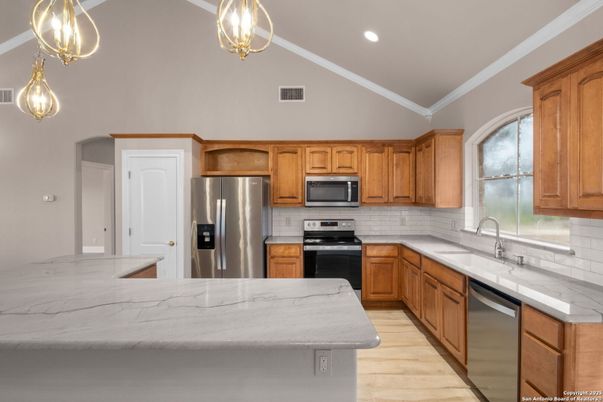 Interior, Kitchen, Pendant Lights, Recessed Lighting, Stainless Steel Appliances, Wood Texture Flooring