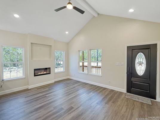 Empty room, Fireplace, Interior, Recessed Lighting, Wood Texture Flooring