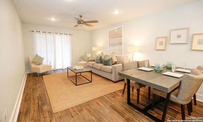 Dining room, Interior, Living room, Recessed Lighting, Wood Texture Flooring