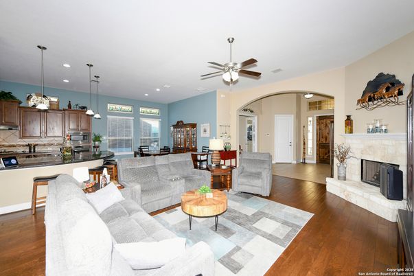 Dining room, Fireplace, Interior, Kitchen, Living room, Pendant Lights, Recessed Lighting, Wood Texture Flooring