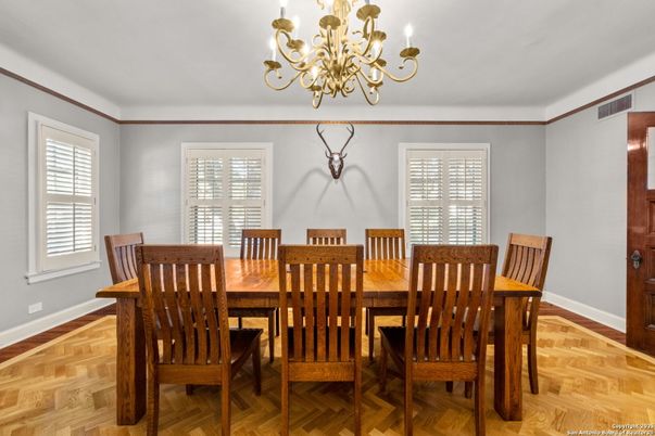 Chandelier, Dining room, Interior, Wood Texture Flooring