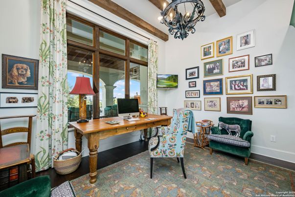 Chandelier, Home Office, Interior, Wooden Beams, Wood Texture Flooring
