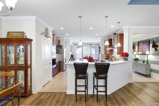 Interior, Kitchen, Pendant Lights, Recessed Lighting, Wood Texture Flooring