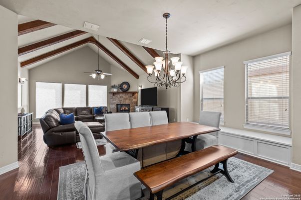 Chandelier, Dining room, Fireplace, Interior, Living room, Wooden Beams, Wood Texture Flooring